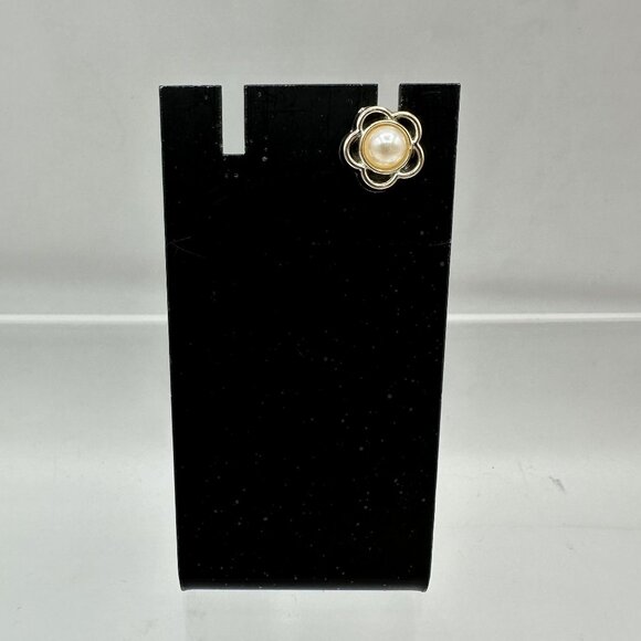 Gold Tone Flower Brooch Faux Pearl Center Lapel Pin Back Collar Loops Classic - Picture 5 of 8